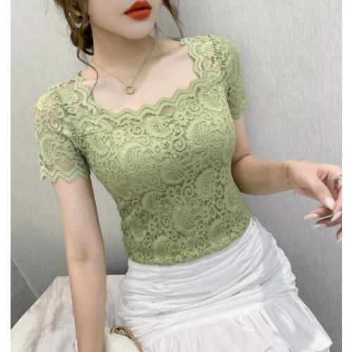 Women lace tops New Summer short sleeve lace shirt Square collar women tshirt Solid color summer tops blusas