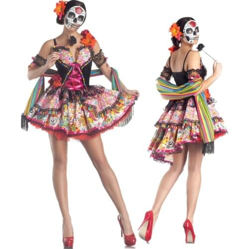 Lady Mexico Day Of The Dead Costume Horror Skull Skeleton Corpse Bride Cosplay Carnival Halloween Fancy Party Dress