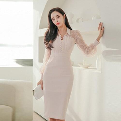 High-End Lace Hollowing Out Long Sleeves Splicing Fashion Sweet Dress Spring Lady Sexy Elegant OL Simple Bag Hip Party Dresses