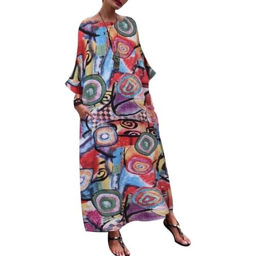 Bohemia Dress Women Elegant Floral Printed O Neck Long Sleeve Loose Casual Tunic Maxi Dress Plus Size Dresses