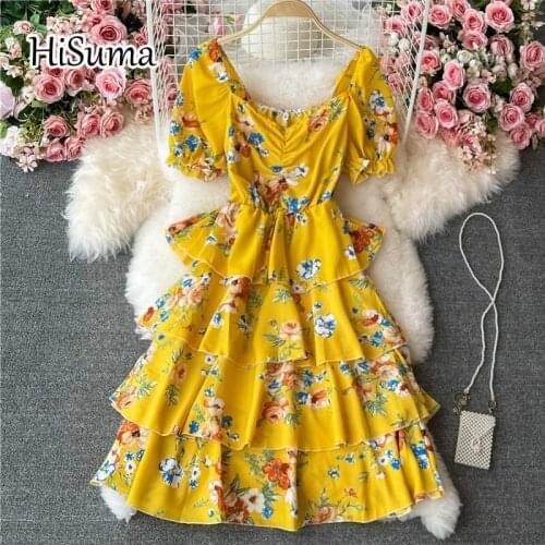 2021 summer new women square collar puff sleeve ruffle flower print chiffon tiered dress female Chic elegant waist party dresses