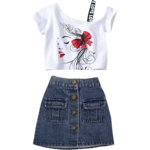 2Pcs/Set Kids Outfit Irregular Neck Denim Skirt Pretty Short-sleeved Summer Floral Print Girls Outfit for Going Out