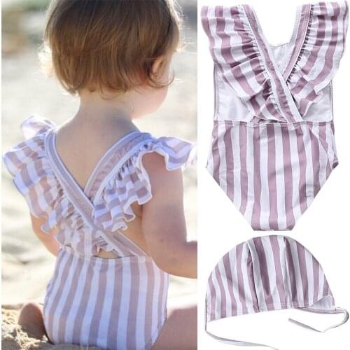 2021 Ruffle Baby Girls Swimwear One Piece Toddler Bathing Suits Cap Little Girl Pool Clothes Sport Children Beachwear Costume
