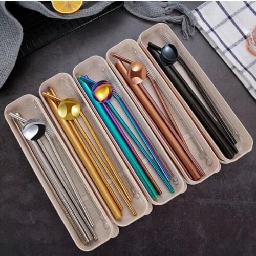 7pcs Stainless Steel Drinking Straws Spoon Brush Kits For Home Dining Travel Reusable Dinnerware Sets