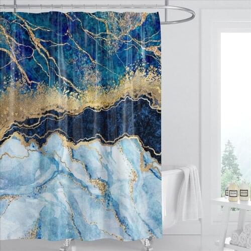 Abstract Blue Stripe Shower Curtain Ink Painting Luxurious Liquid Marble Texture Bathroom Home Decor Polyester Cloth Curtains