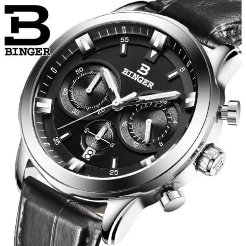 New Switzerland Luxury Brand Mens Watches BINGER Japan Quartz Multi-function Dial Chronograph Waterproof Diver Clock B9011
