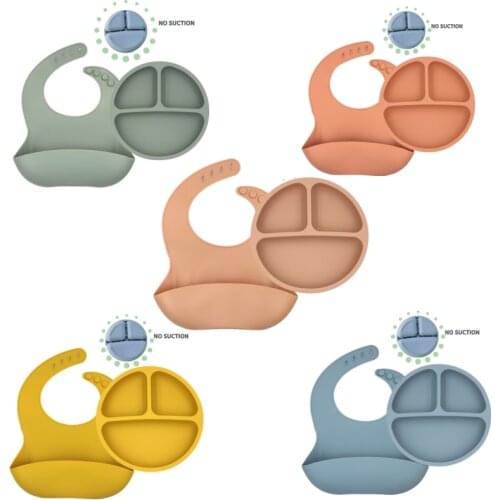 Baby Dinnerware Tableware Set Silicone Plate without Suction Solid Bowl Bib Set Newborn Gift