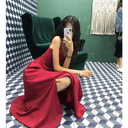 Backless V-neck Long Dress Off Shoulder Womens Clothing Summer Beach Style Sexy Moda Feminina Spaghetti Strap Red Dress New