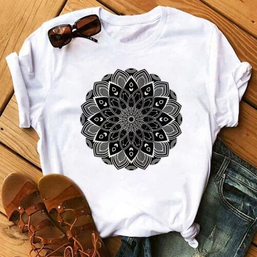 Beautiful Mandala Print Short Sleeve Tshirt Women Loose Elastic Stretched Aesthetics Graphic Shirt Female Camisetas Verano Mujer