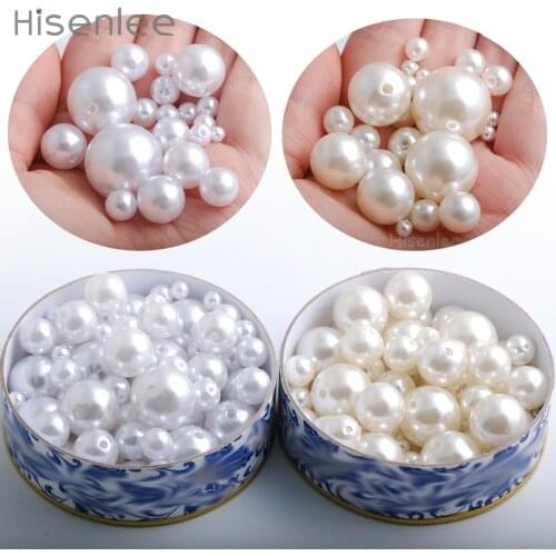 Hisenlee 9 Sizes 4mm-20mm ABS Ivory/White Imitation Pearls Straight Hole Beads Round Loose Beads For DIY Bracelet Making