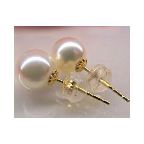 Good>>>>noble jewelry gorgeous a pair 8-9mm Japanese AKoya round white pearl stud earring 18k