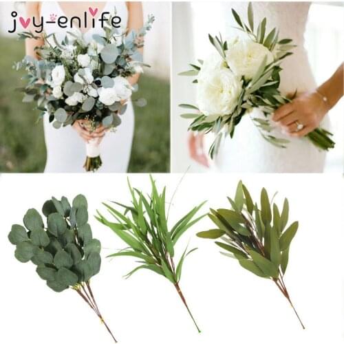 5pcs Silk Willow Eucalyptus Leaves Artificial Green Plant Branches Bridal Bouquet Fake Flowers Wedding Home Garden Decoration