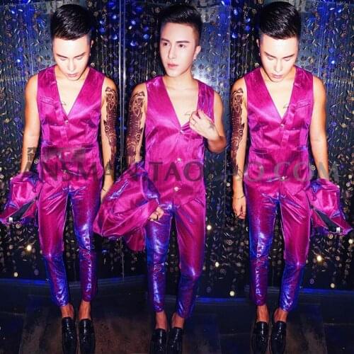 Male singer performance costume mens self-cultivation magic rose red purple vest suit host dress nightclub tide carnival party