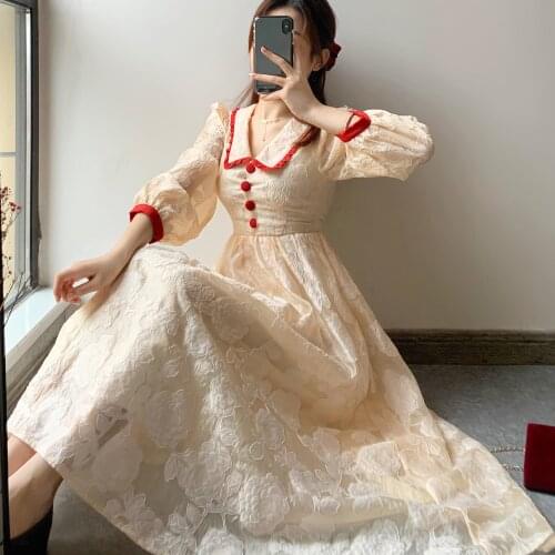 Sweet Vintage Dress Women Elegant Evening Party Dress Female Button French Fairy Long Sleeve One Piece Dress Korean 2020 Spring