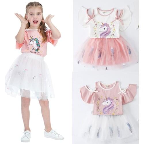2 PCS Fashion Girls Unicorn Outfit Dress Kids Summer Princess Dress Design Wedding Party Clothes For Kids 2-8 Years Costume