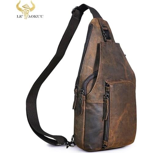 Men Crazy Horse Leather Casual Travel Fanny Waist Pack Chest Sling Bag Design One Shoulder Crossbody Bag Daypack For Male 8086