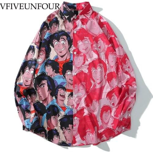 VFIVE UNFOUR Japanese Style Digital Color Block Print Hawaiian Beach Shirts Mens 2020 Harajuku Casual Long Sleeve Dress Shirt