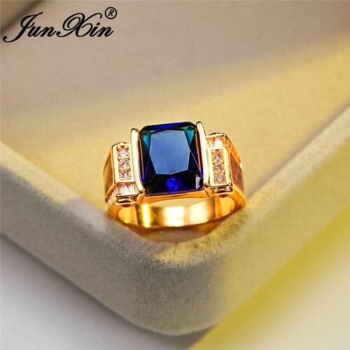 Vintage Mens Rectangle Stone Ring Yellow Gold Wedding Bands Royal Blue Green Zircon Promise Engagement Rings For Men Women