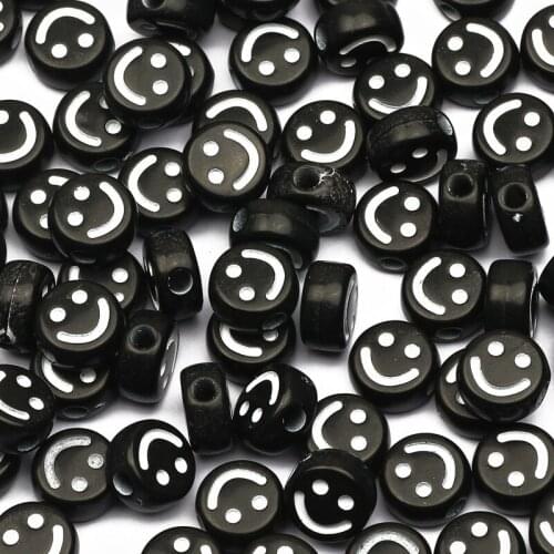 Wholesale Black Acrylic Round Beads White Smiley Face Loose Beads For Jewelry Making Diy Handmade Bracelets Earrings Accessories