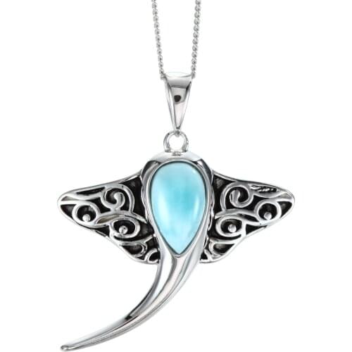 100% 925 Sterling Silver Natural Dominica Larimar Stingray Pendant Necklace For Women Man Party Gift