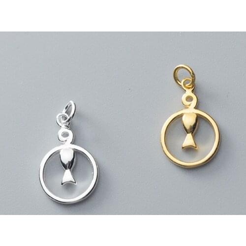 Simple Round Circle Fish Dangle Charms 15mm 925 Sterling Silver Fancy Hollow Medallion Pendants DIY Jewelry Making Findings Gift