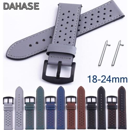 18mm 20mm 22mm 24mm Plum Hole Genuine Leather Watch Band Bracelet Replacement Strap Watchband for Samsung Huawei Amazfit w Pins
