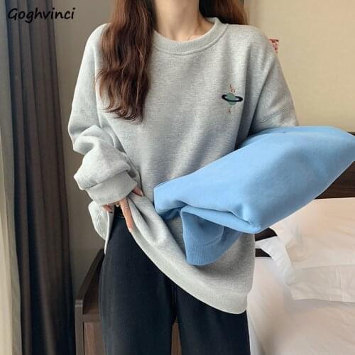 Hoodies Women Plus Velvet Long Sleeve Pullovers O-neck Simple Basic Lazy Loose Casual Korean Style Student Streetwear Spring New