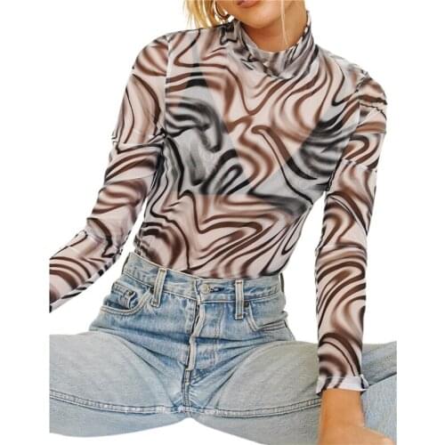 Women Sexy See-through Mesh T-shirt Fall Spring Adults Slim-fit Printed Long Sleeve Stand Collar Pullover Jumper Tops Basic Tops