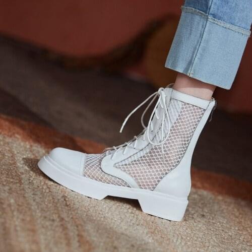 QZYERAI Summer European Genuine Leather Womens Boots Ankle Boots Grid Sexy 100% Cowhide Locomotive Female Boots Shoes