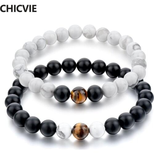 CHICVIE Vintage Natural White&Black Stone Cuff Bracelet Bangles For Women Tiger Eye Beads Lovers Mens Jewelry Bracelet SBR160308