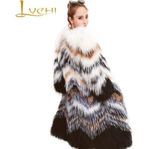 LVCHI Winter 2019 Contrast Color Real Fox Fur Coats O-Neck Slim Real Natural Fox Fur Coat Womens Long Spliced Causal Fox Coats