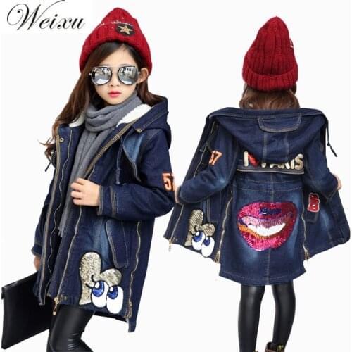 Winter Denim Jackets For Girls Hooded Fleece Lined Sequined Outewear Jeans Jacket Children Kids Thicken Warm Long Coat Clothing