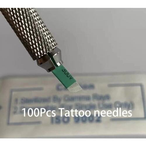 100Pcs Green 12 14 16 18 Flex Microblading Laminas Nano Tattoo Needles Pins Blades for 3D Makeup Eyebrow Pen Embroidery Tebori