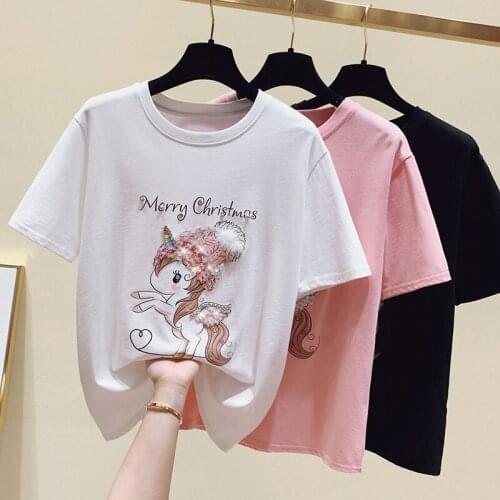 2021 Summer Tops Beading Tshirt T-Shirt Casual Tee Shirt Femme Korean Cotton Short Sleeve Girls T Shirt Women Clothes