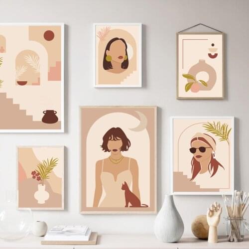 Abstract Girl Cat Leaf Plant Nordic Vintage Poster Fashion Wall Art Prints Canvas Painting Wall Pictures For Living Room Decor