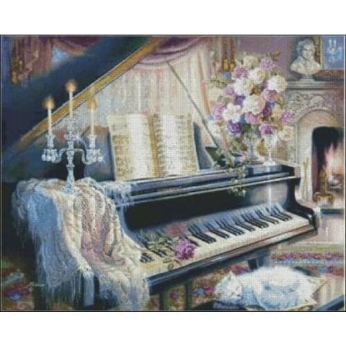 Top Quality lovely beautiful counted cross stitch kit piano flower white cat kitty candle