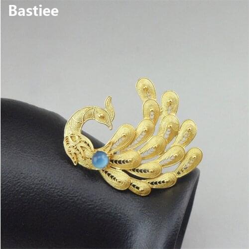 Bastiee Hmong Jewelry Peacock 999 Sterling Silver Blue Beads Hair Fork For Women Golden Plated Luxury Hair Stick Miao