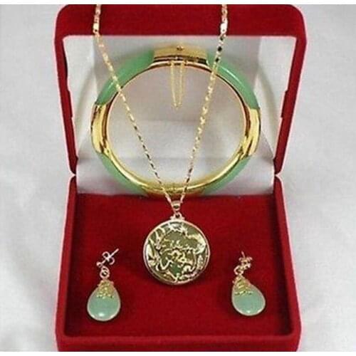 Free Shipping New Jewelry green jade necklace pendants earrings bracelets Set
