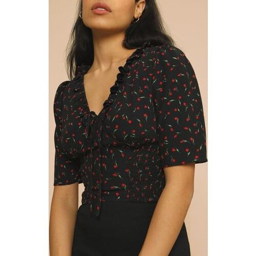 Blouses Tops Women 2021 Ruffle Edge V Neck Tie Short Sleeve Chic Elegant Blouse Shirred Waist Fitted Vintage Floral Print Top