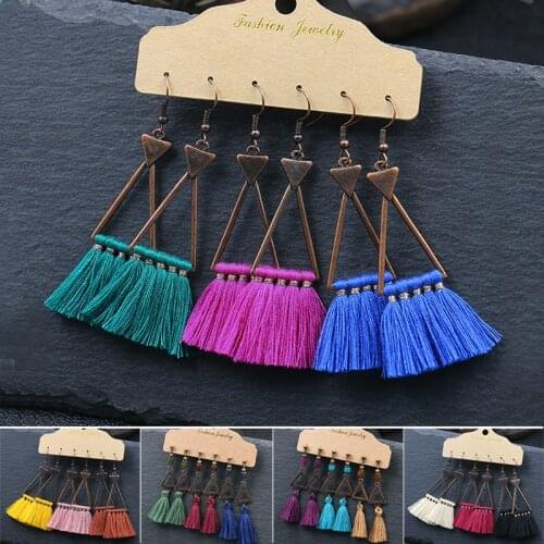 Bohemian Tassel Triangle Long Drop Earrings for Women colour Multicolor Silk Fabric Fringe Earrings Fashion Woman Jewelry Bijoux