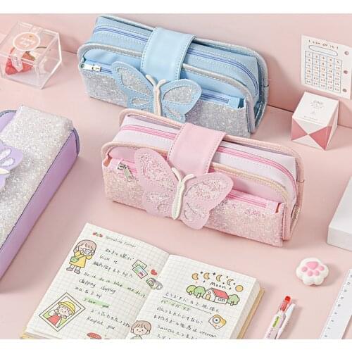 Girl Large Capacity Pencil Case Fashion Canvas Stationery Bag Multifunction Butterfly Sequins Stationery Box Pencil Bag