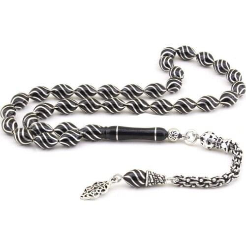 Natural Jet Stone Prayer Bead With Silver Tassel Men Rosary Islamic Tasbih Made in Turkey 925 Sterling Silver