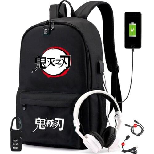 Anime Demon Slayer Designer USB Backpack Bag Travel School Students BookBag Mochila With Free Lock