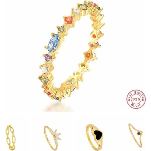 Aide 925 Sterling Silver Gold Colorful Cubic Zirconia Jeweled Rings For Women Chain Heart Crown Shape Ring Rock Punk Jewelry