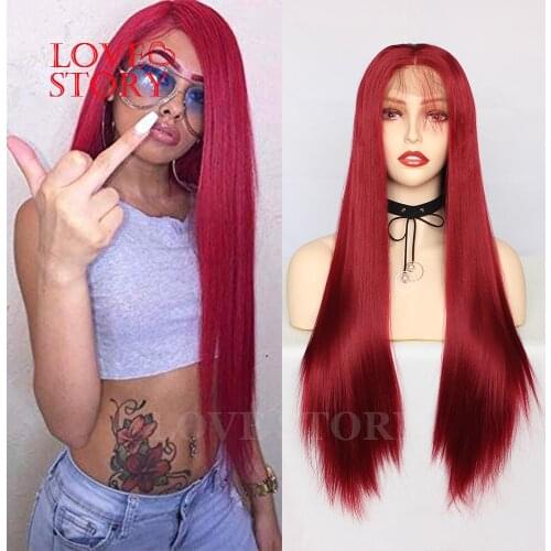 Lovestory Silky Straight Synthetic Lace Front Wig Red Color Middle Part Synthetic Heat Resistant Wigs