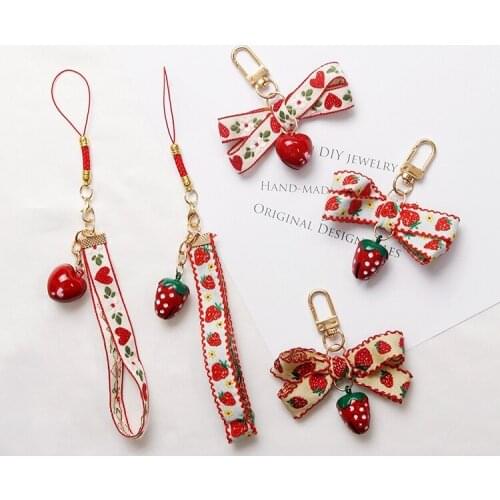 Cute Japansese Phone Strap Lanyards for iPhone Samsung Strawberry Heart Bell Decor Mobile Phone Strap Rope Phone Charm