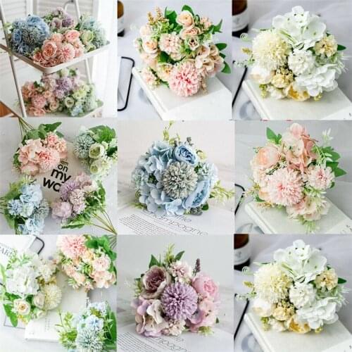 Fashion Silk Artificial Flowers Hydrangea Bouquet Fashion 9 Heads Bridal Home Decor Wedding