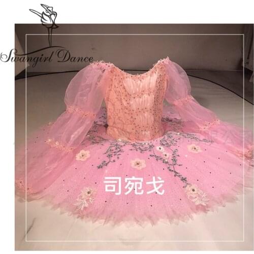 New Long Sleeve Organza Children Pink Fairy Doll Variation Competition Professional Tutu Ballet Costumes BT4062