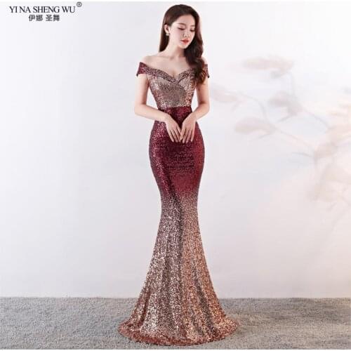 New Elegant Sequined Mermaid Long Gown Slim Sexy Slash Neck Color Fade Formal Women Dress For Wedding Party Robe De Soriee