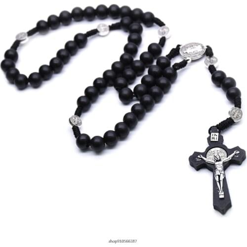 Black Wooden Christ Jesus Cross Religious Necklace Catholic Rosary Necklace Church Souvenirs Prayer Pendant Necklace wholesales